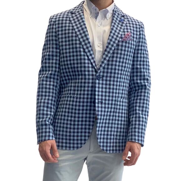 TailorByrd Men's $325 Navy/Light Blue Textured Check Sport Coat size 46R - Picture 1 of 7